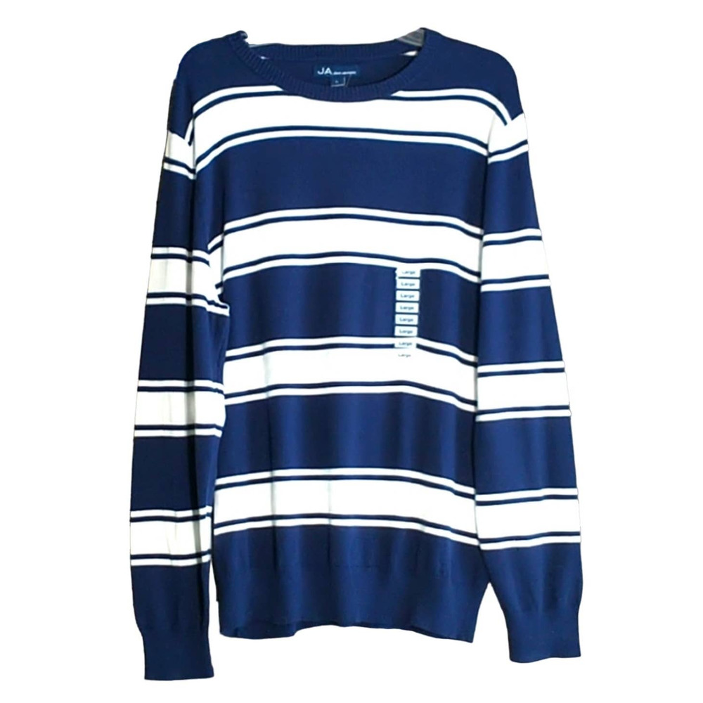 John Ashford Crew Neck Sweater Men's Size L 100% Cotton Blue White Stripe